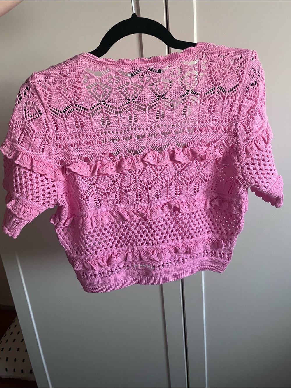 Zara Pink Crochet Ruffle Knit Cardigan Crop Top Short Sleeve Size Small - Picture 3 of 10
